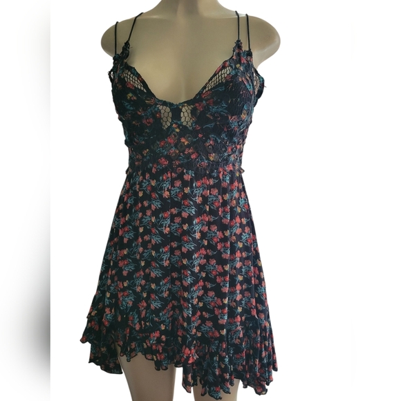 Unbranded Floral Lace Trim Mini Sundress Dress Small - Picture 2 of 4
